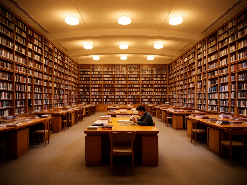 A large open library reading room with tall bookshelves, wooden desks, warm overhead lighting, and a solitary person reading quietly at a table