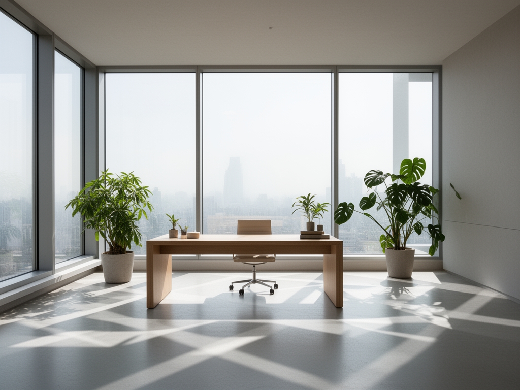 Minimalist modern office interior with large windows, a clean wooden desk, potted plants, and natural light casting geometric shadow patterns across the floor