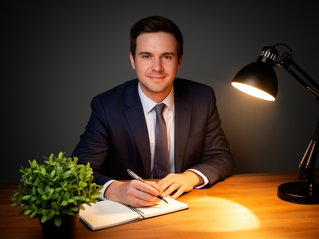Organized writing desk seen from above with a notebook, pen, green plant, and warm reading lamp casting a pool of soft light across a wooden surface