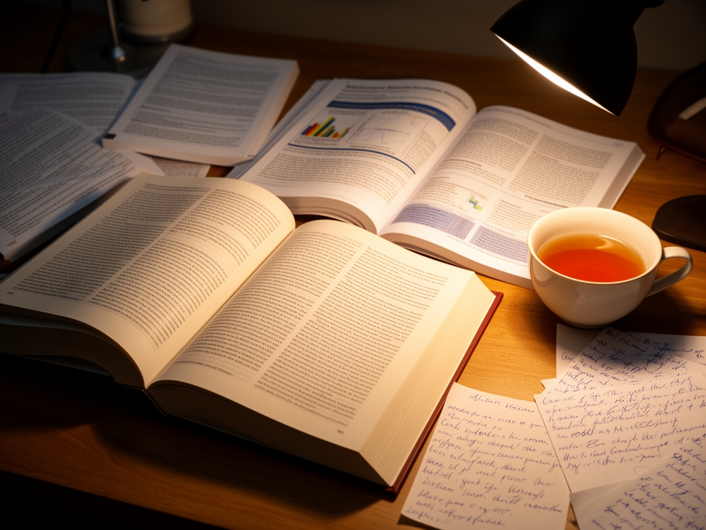 Open academic books and research journals arranged on a wooden desk under warm directional lamp light, surrounded by handwritten notes and a cup of tea