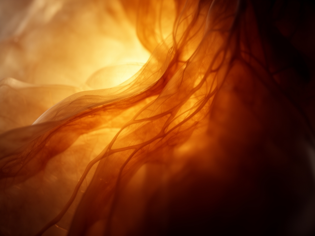 Abstract close-up of warm amber light passing through translucent biological tissue layers, evoking the internal complexity of the human body with soft focus and deep shadow