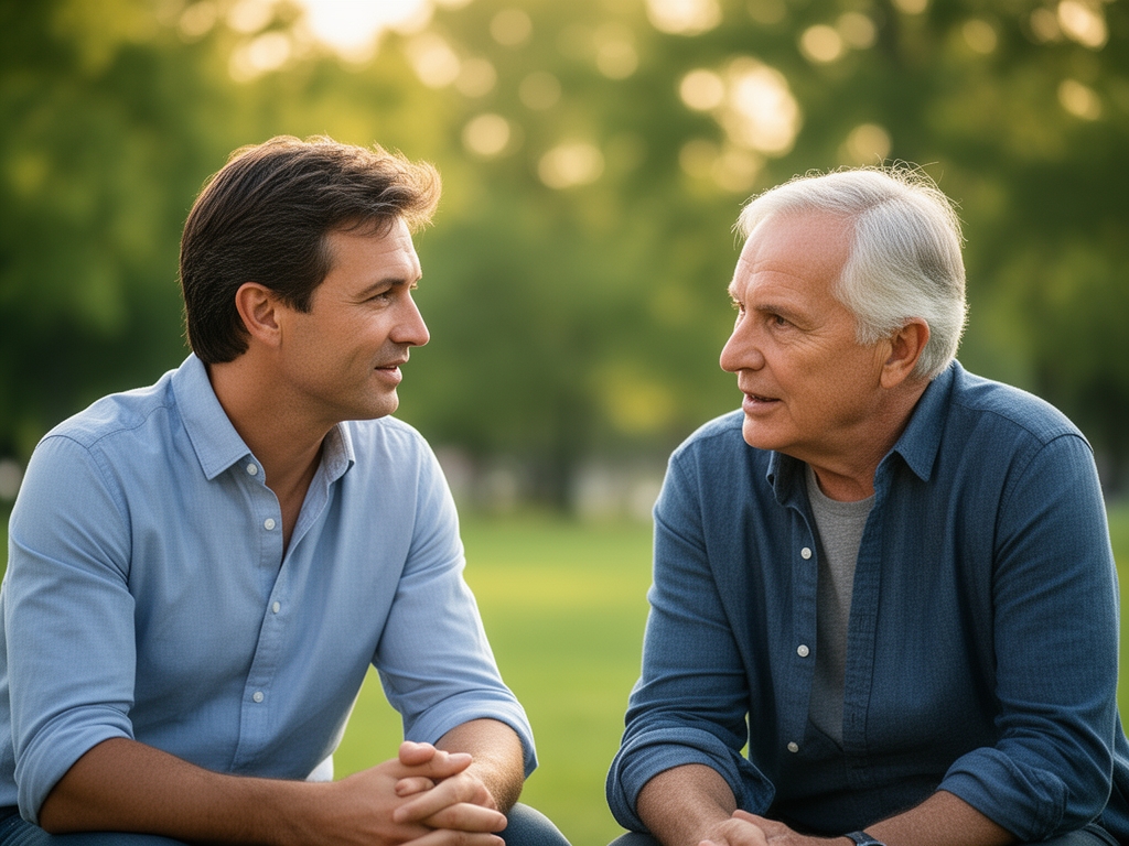 Two men of different ages sitting together outdoors in a park, engaged in conversation against a soft blurred green background with afternoon sunlight