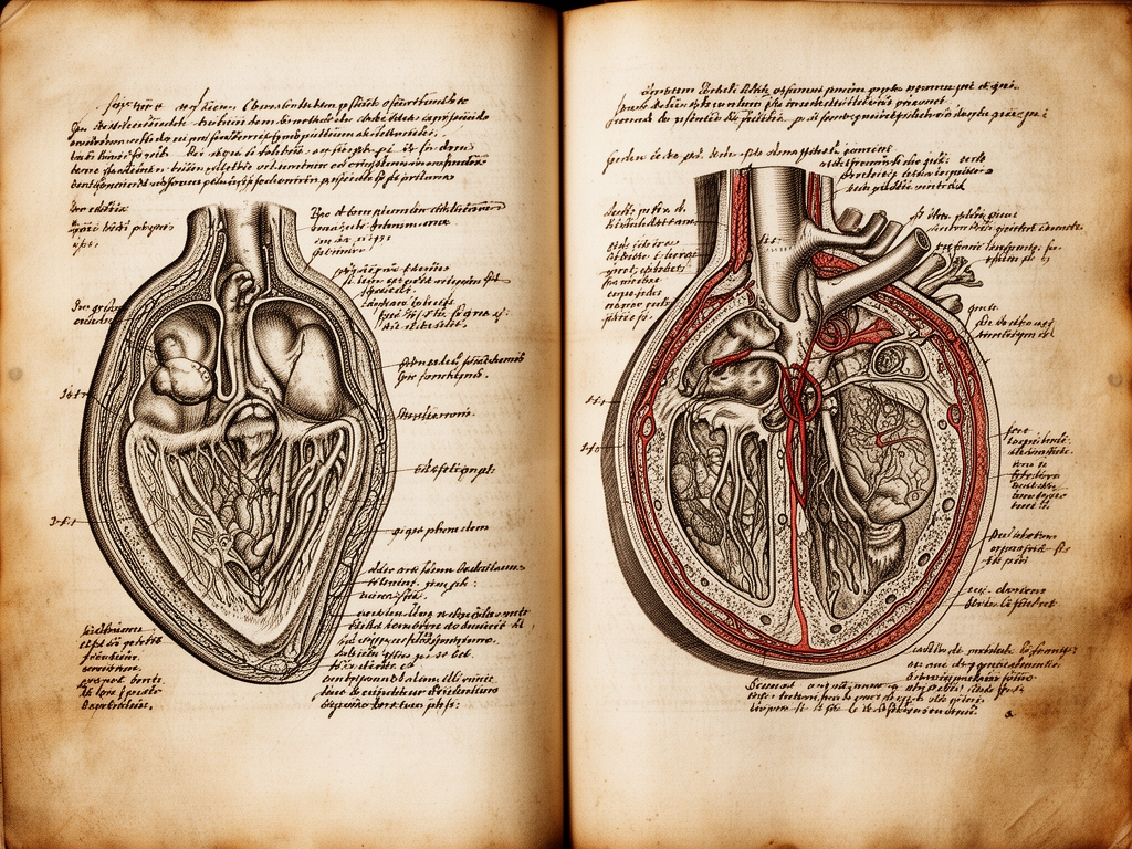 Antique anatomical illustration from an old medical manuscript with handwritten Latin annotations and detailed cross-section drawings, photographed on aged parchment