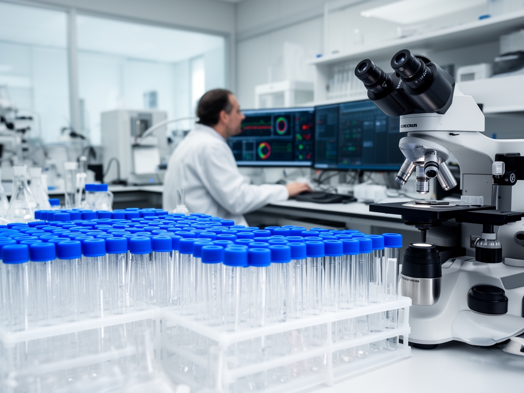 Modern scientific laboratory with rows of test tubes, research equipment and a researcher in the background studying data on a computer screen