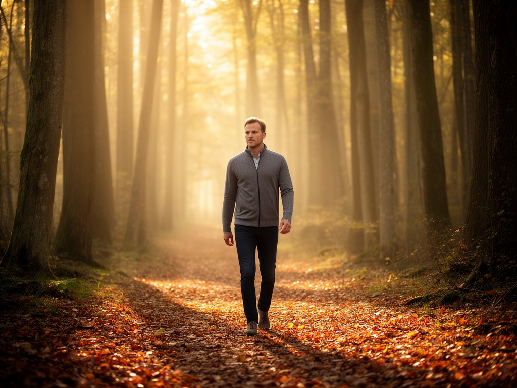 Man walking calmly through a sun-dappled forest path in the early morning with soft golden light filtering through tall trees and fallen leaves on the ground