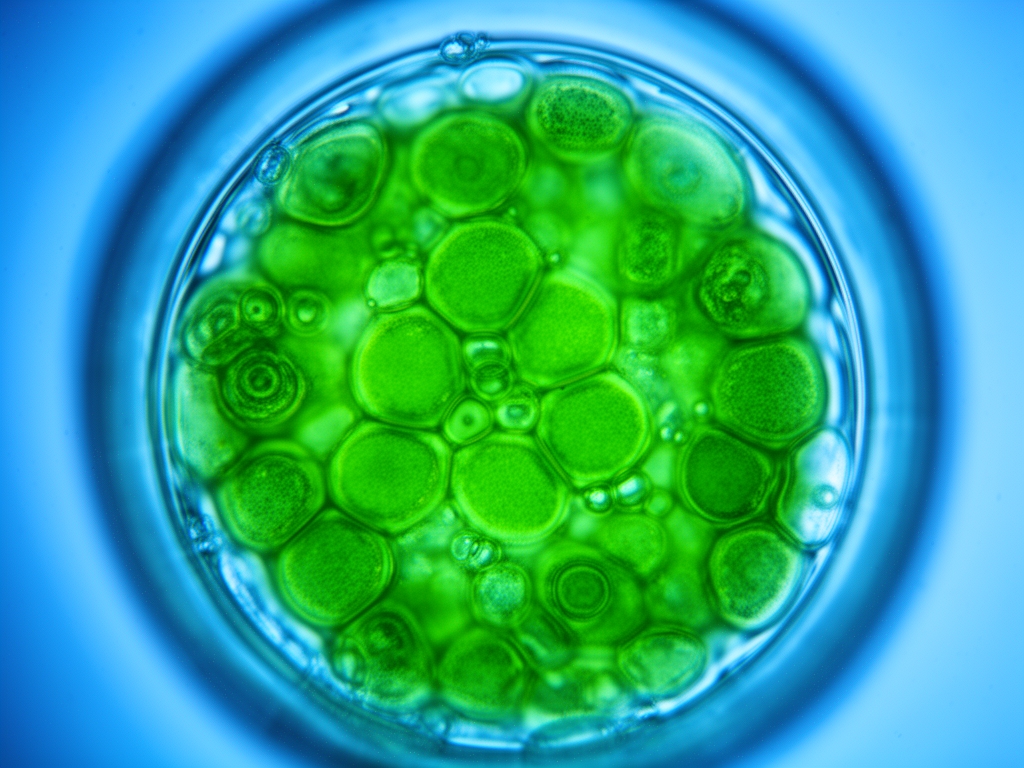 Macro photograph of vibrant green plant cells under a microscope with visible cellular organelles, illuminated by cool blue-white laboratory light